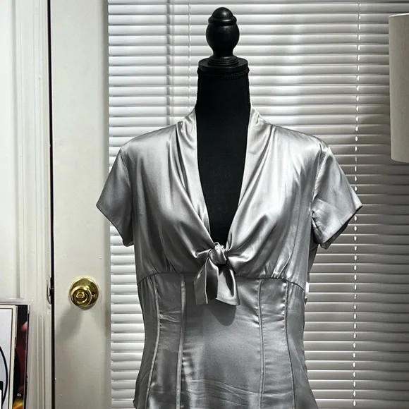 Silver Tie Front Fitted Blouse - Picture 5 of 15
